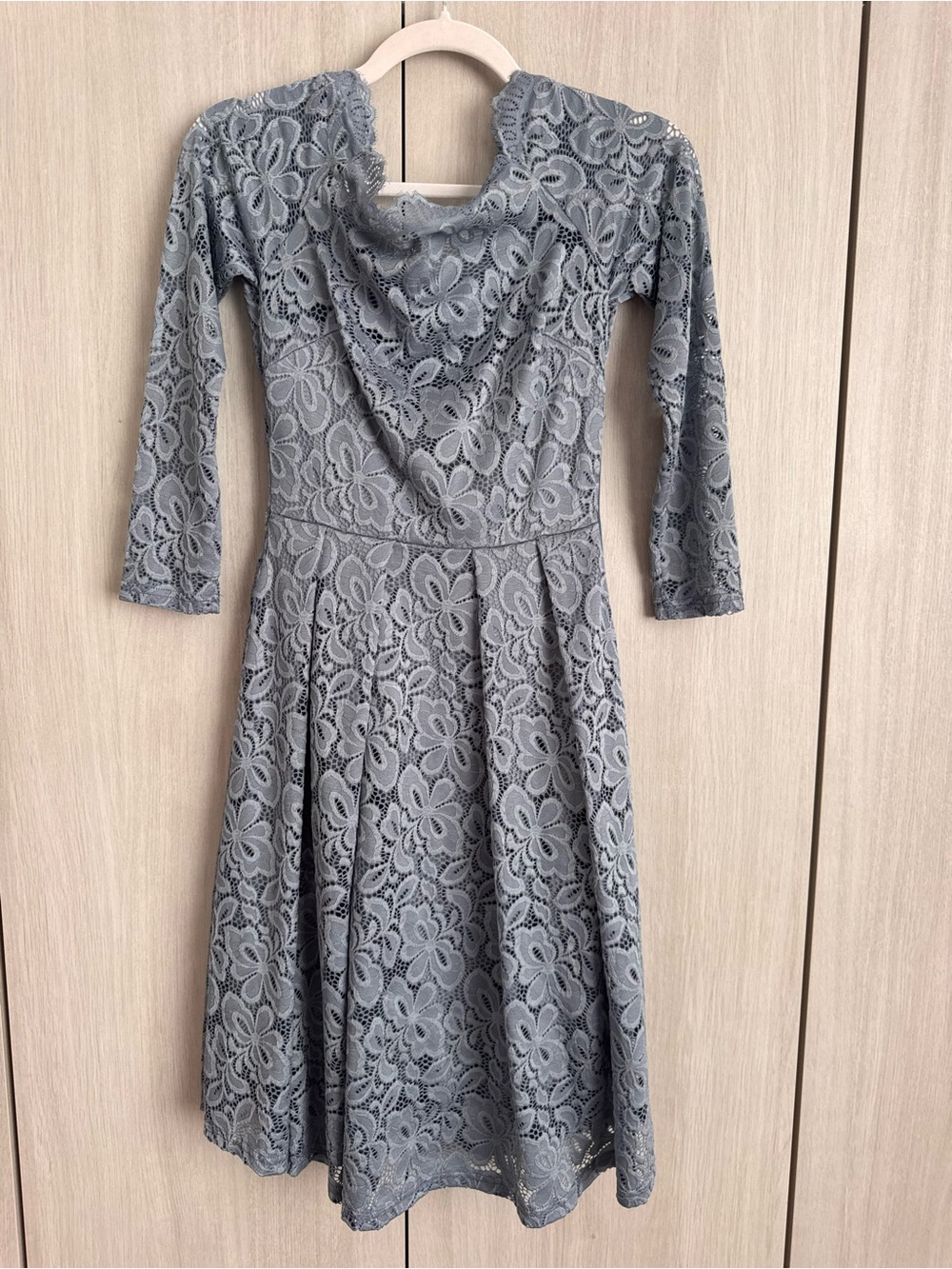 Elegant Blue Lace Long-Sleeve Fit & Flare Dress fully lined
